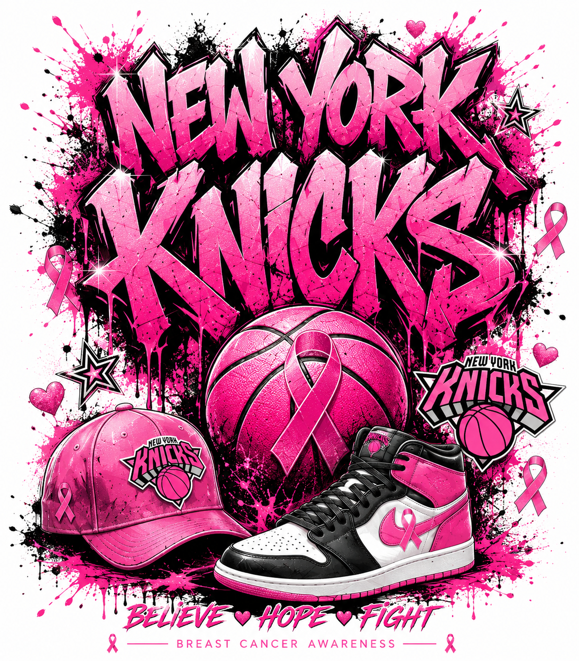 Pink New York Knicks basketball breast cancer awareness graphic