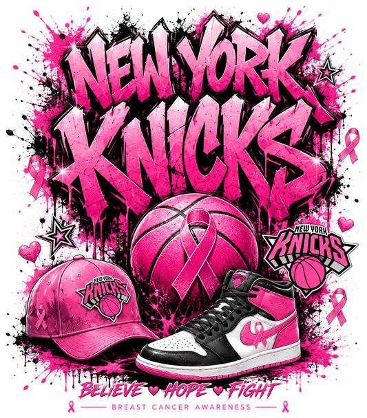 Pink New York Knicks basketball breast cancer awareness graphic