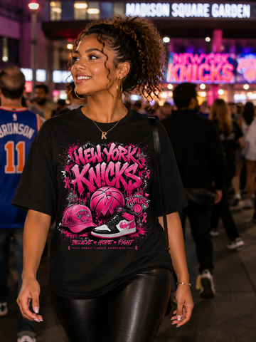 Model wearing a black Pink Knicks breast cancer awareness T-shirt